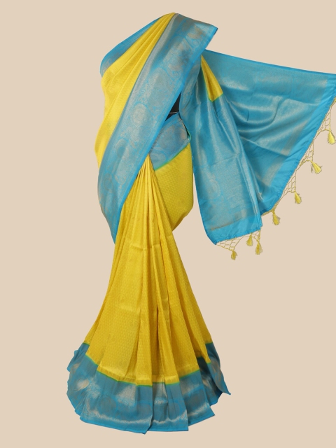 

Pothys Yellow & Blue Ethnic Motifs Zari Jute Silk Saree