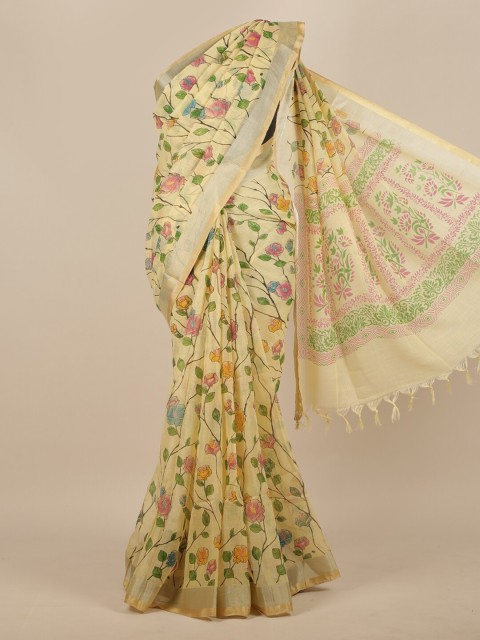 

Pothys Cream-Coloured & Green Floral Zari Linen Blend Saree