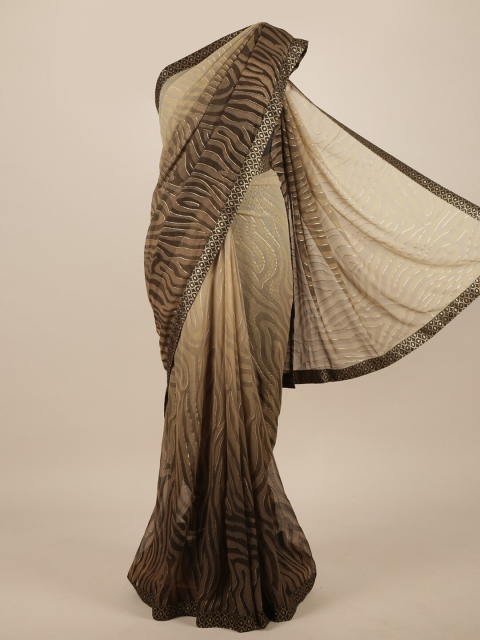

Pothys Cream-Coloured & Brown Ombre Poly Chiffon Saree