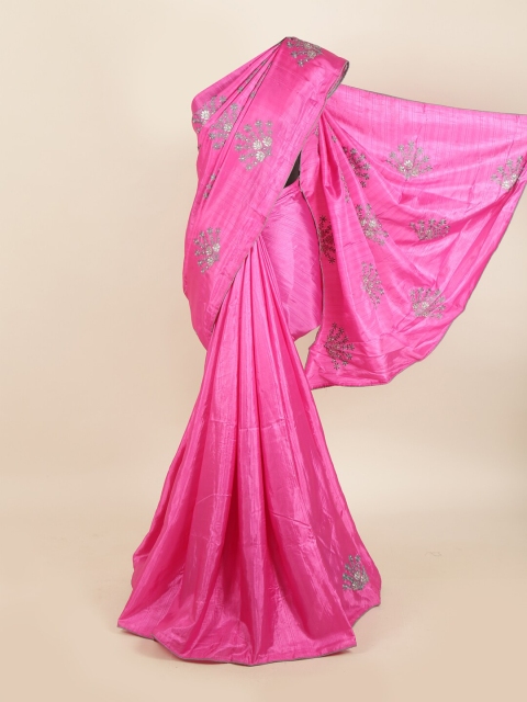 

Pothys Pink & Grey Floral Zardozi Jute Silk Saree