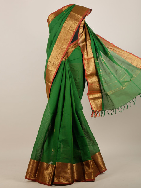 

Pothys Green & Gold-Toned Ethnic Motifs Zari Pure Cotton Saree