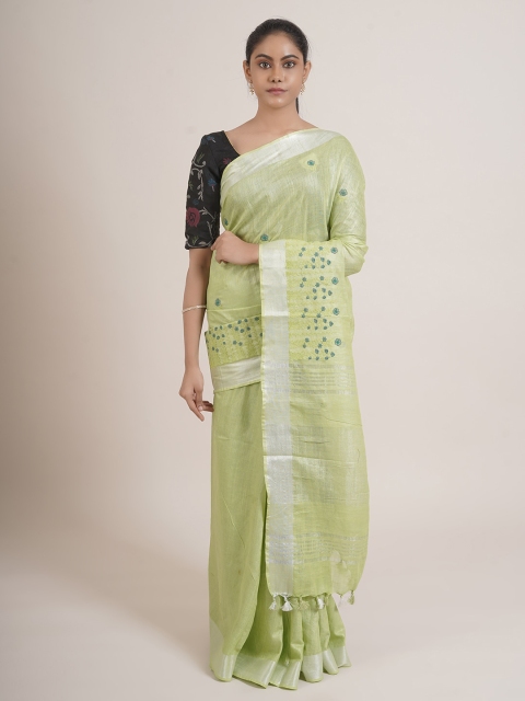 

Pothys Green & Silver-Toned Floral Embroidered Saree
