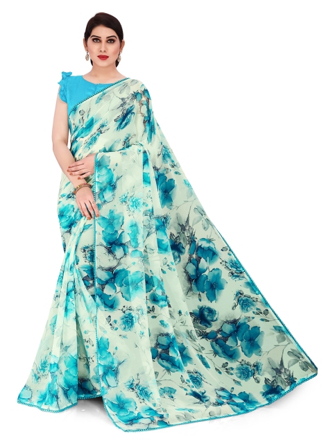 

MIRCHI FASHION Off White & Turquoise Blue Floral Poly Georgette Saree