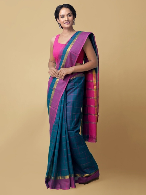 

Unnati Silks Green & Purple Checked Zari Pure Cotton Mangalagiri Saree