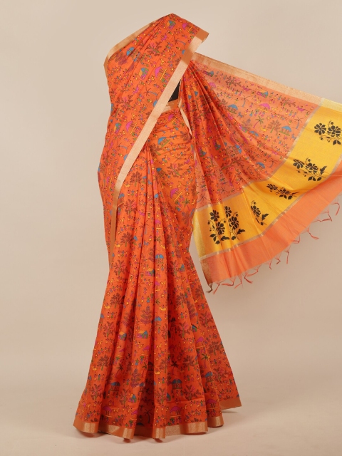 

Pothys Orange & Blue Zari Cotton Blend Saree