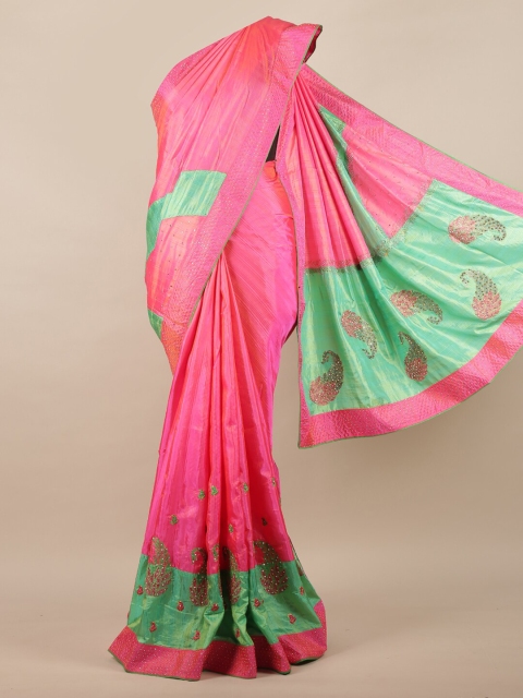 

Pothys Pink & Green Colourblocked Beads and Stones Saree