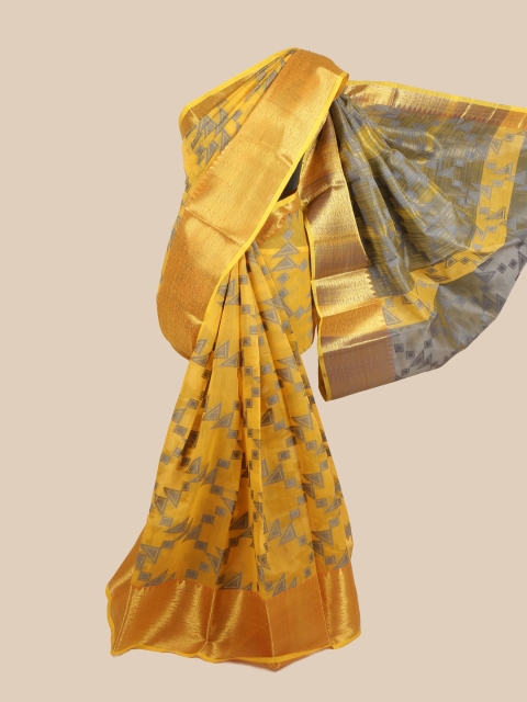 

Pothys Women Yellow & Grey Cotton Blend Geometric Woven Designed Saree
