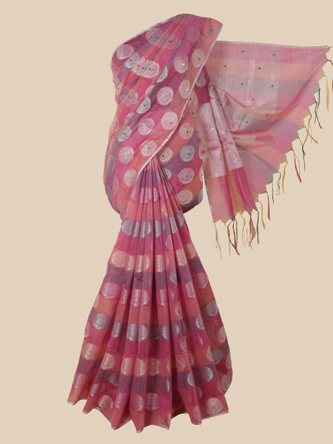 

Pothys Pink & Silver-Toned Floral Zari Saree