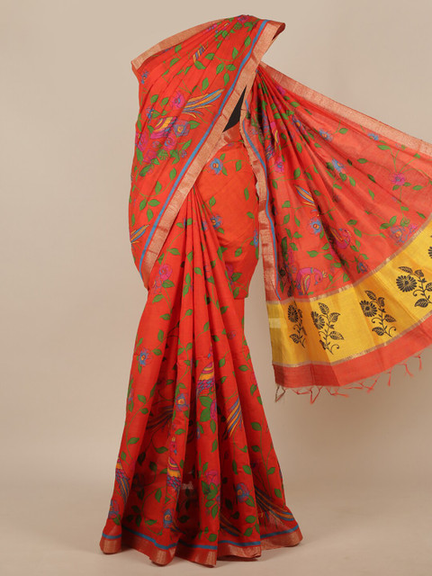 

Pothys Rust Orange & Yellow Floral Zari Silk Cotton Saree