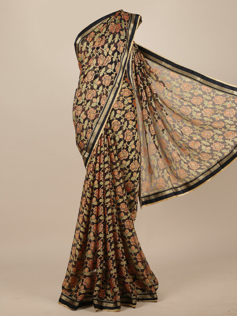 

Pothys Black & Gold-Toned Floral Poly Chiffon Saree