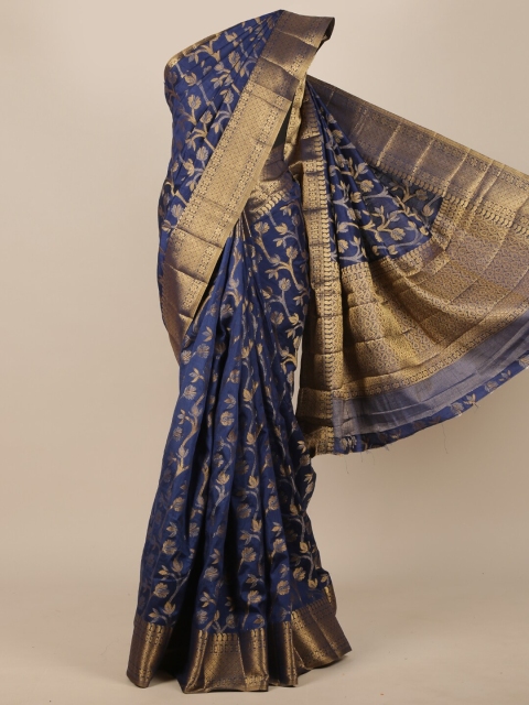 

Pothys Blue & Gold-Toned Floral Jute Silk Saree