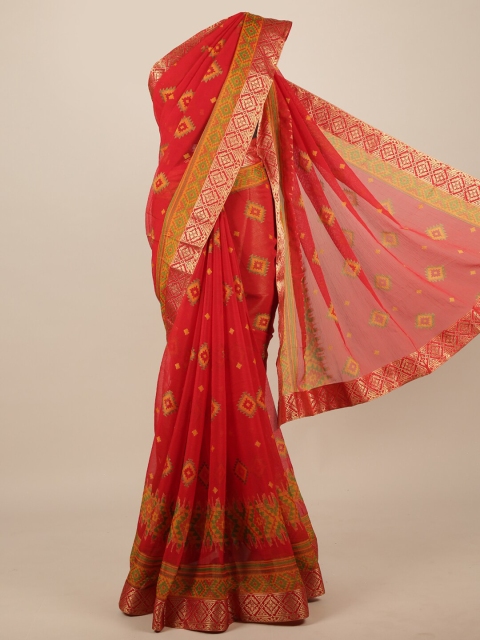 

Pothys Red & Green Poly Chiffon Saree