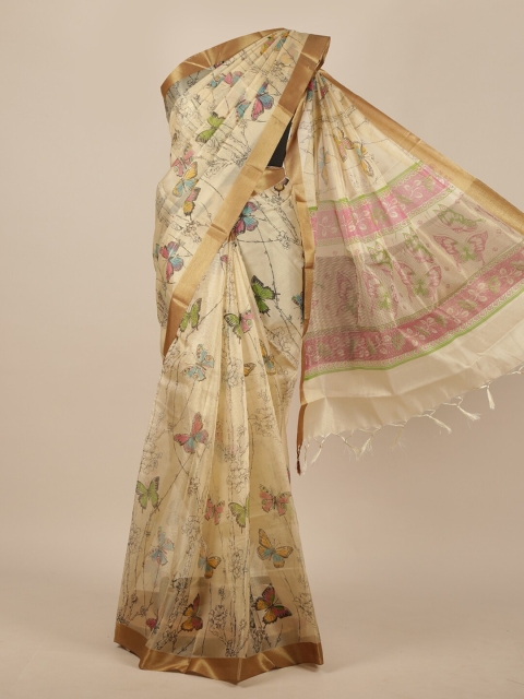 

Pothys Cream-Coloured & Green Floral Cotton Blend Saree