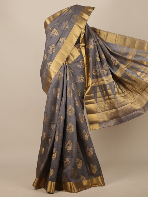 

Pothys Grey & Gold-Toned Floral Zari Jute Silk Saree
