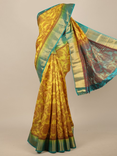 

Pothys Yellow & Teal Floral Jute Silk Saree