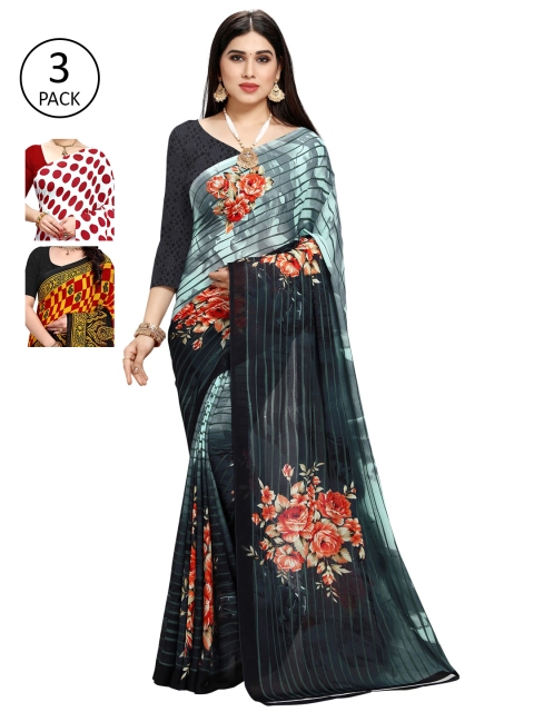

KALINI Pack Of 3 Sarees, Green