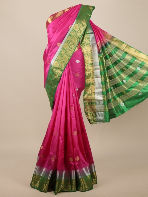 

Pothys Pink & Green Floral Zari Jute Silk Saree