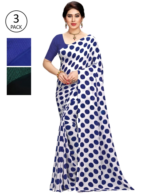 

KALINI Pack of 3 Poly Georgette Printed Sarees, Blue