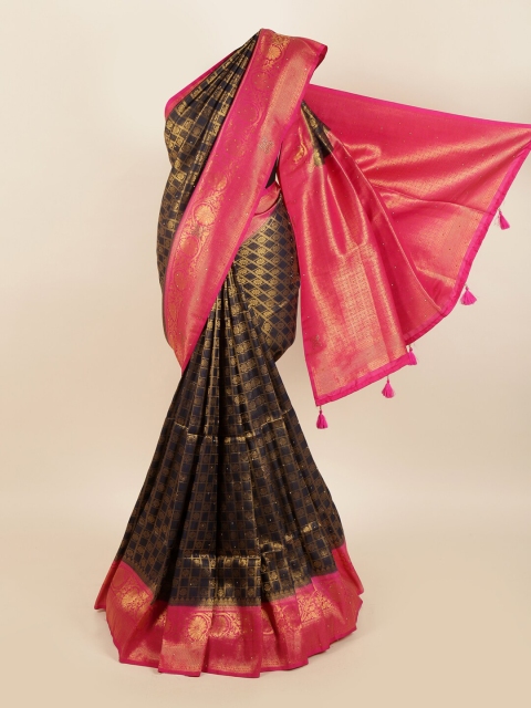 

Pothys Navy Blue & Pink Floral Zari Jute Silk Saree