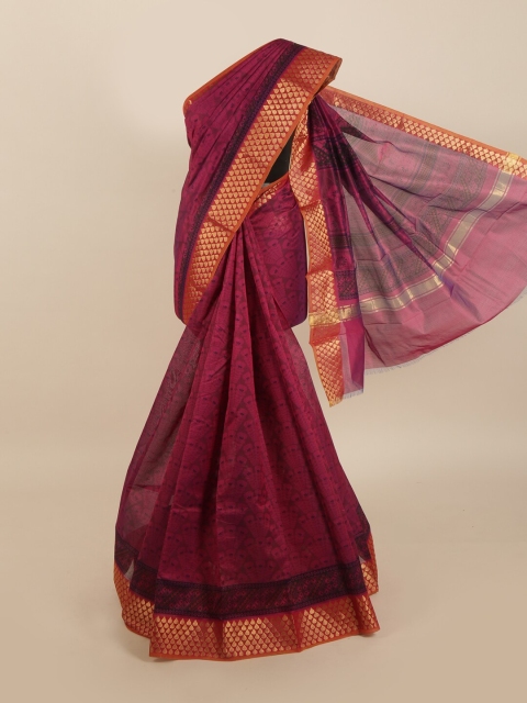 

Pothys Violet & Gold-Toned Ethnic Motifs Zari Silk Cotton Saree