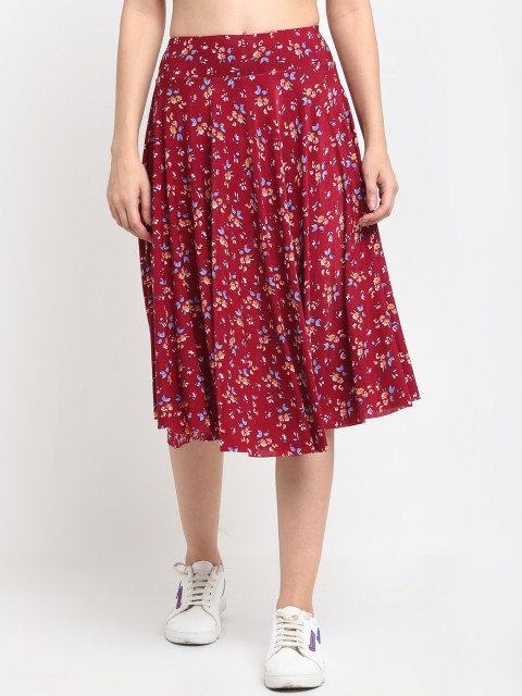 

NEUDIS Women Maroon & Blue Floral Printed Flared Midi Skater Skirt