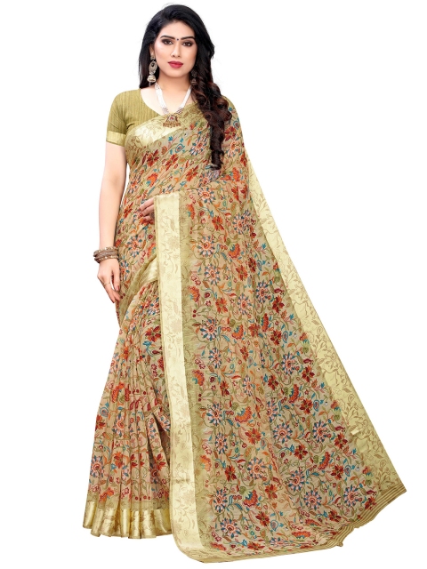 

KALINI Beige & Green Floral Printed Pure Linen Saree