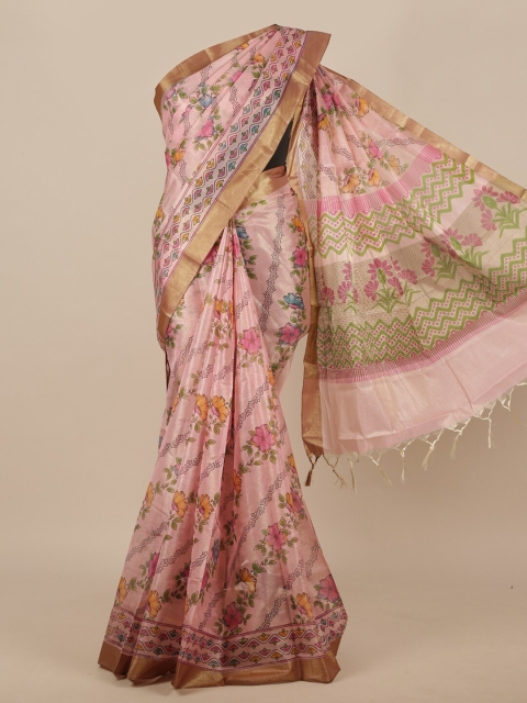 

Pothys Pink & Green Floral Zari Cotton Blend Saree