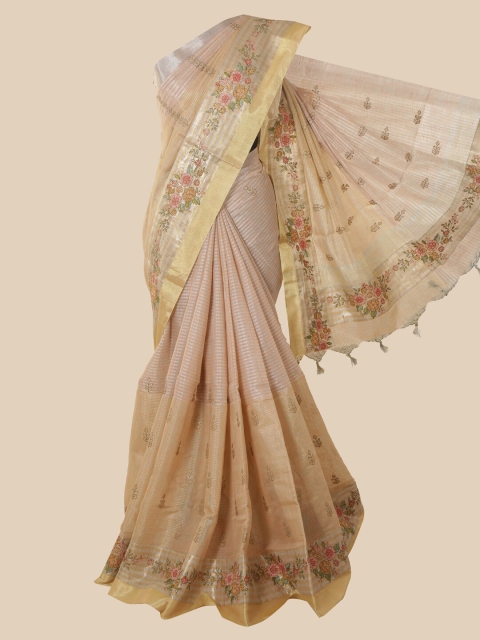 

Pothys Cream-Coloured & Green Floral Beads and Stones Tissue Saree