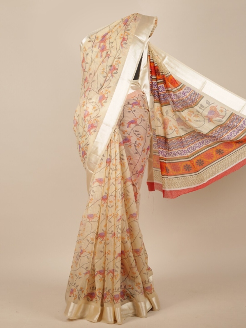 

Pothys Cream-Coloured & Red Ethnic Motifs Saree
