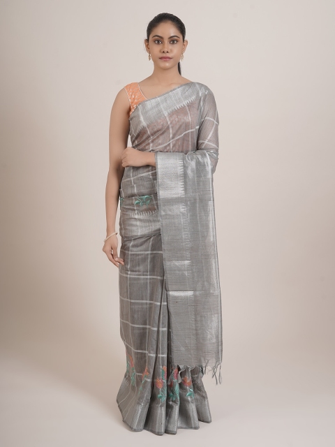 

Pothys Grey Checked Embroidered Cotton Blend Saree