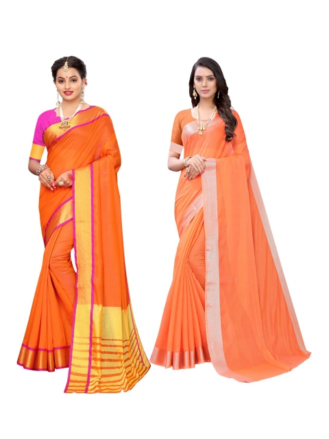 

KALINI Pack of 2 Orange & Yellow Cotton Blend Zari Sarees