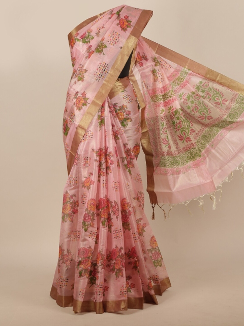 

Pothys Pink & Green Floral Zari Cotton Blend Saree