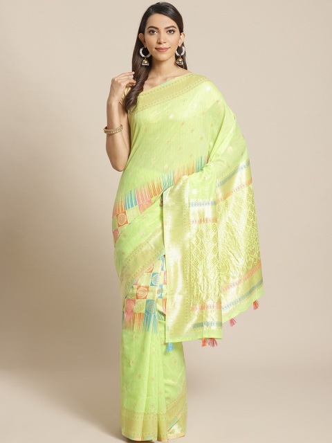 

Mitera Lime Green & Orange Ethnic Motifs Zari Saree