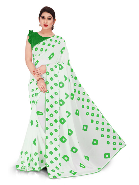 

KALINI White & Green Bandhani Saree