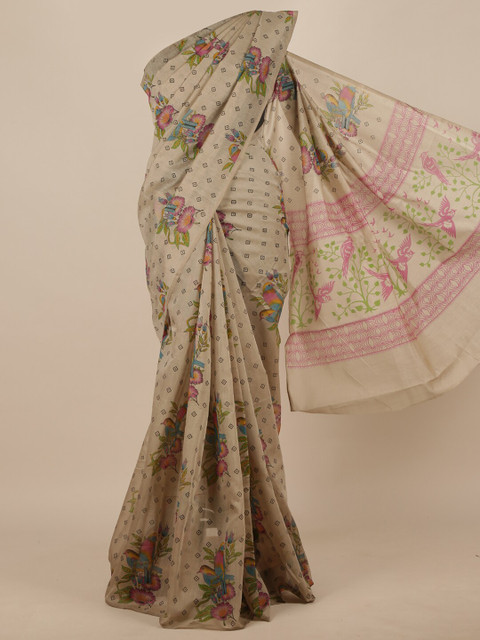 

Pothys Grey & Pink Floral Cotton Blend Saree