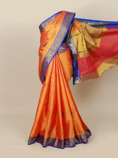 

Pothys Orange & Blue Embellished Embroidered Jute Cotton Saree