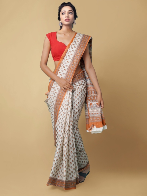 Unnati Silks White & Orange Floral Pure Cotton Kovai Handloom Saree