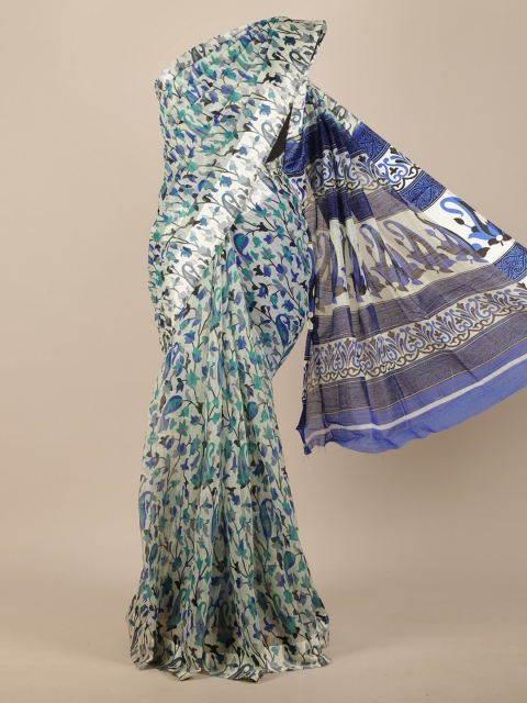 

Pothys Cream-Coloured & Blue Floral Cotton Blend Saree