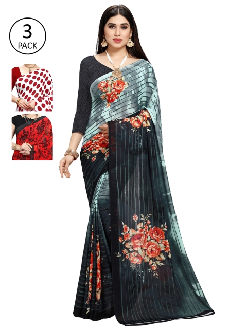 

KALINI Pack Of 3 Printed Poly Georgette Sarees, Red