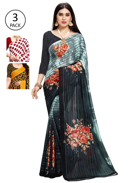 

KALINI Pack of 3 Poly Georgette Sarees, Red