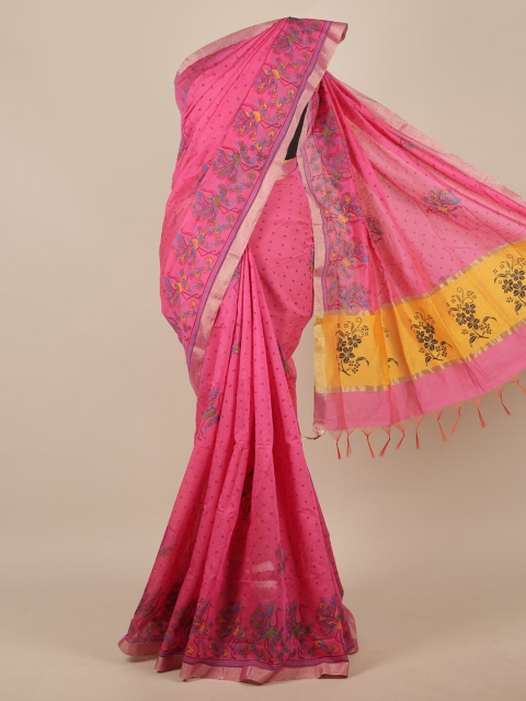 

Pothys Pink & Yellow Floral Zari Silk Cotton Saree