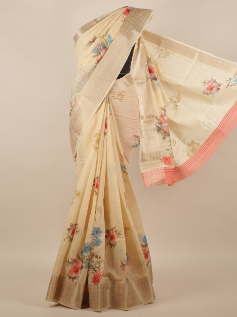 

Pothys Cream-Coloured & Blue Floral Saree