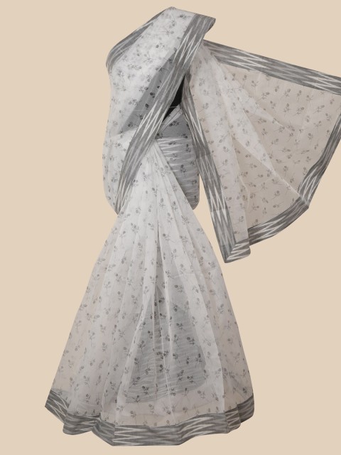 

Pothys White & Grey Floral Supernet Saree