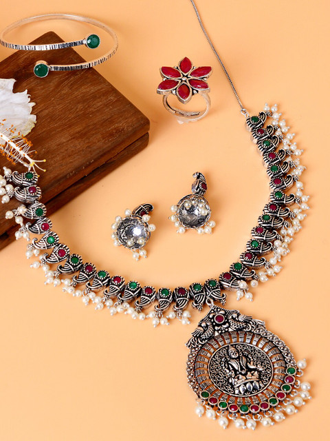 

TEEJH Silver-Toned & Pink Stone-Studded & Beaded Oxidised Jewellery Set