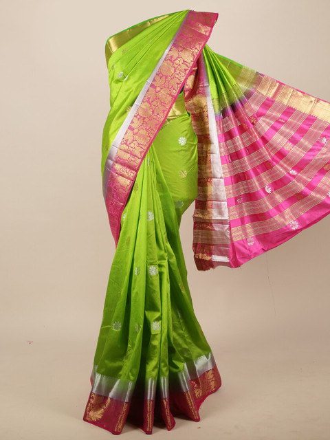 

Pothys Green & Pink Floral Zari Jute Silk Saree