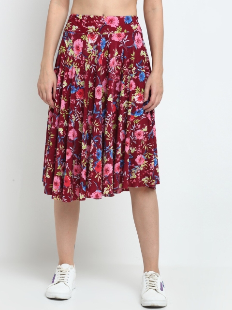 

NEUDIS Women Pink & Blue Floral Printed Flared Midi Skater Skirt, Maroon