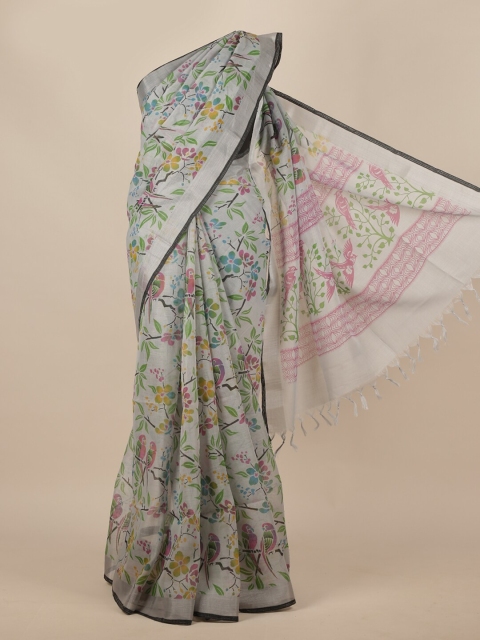 

Pothys Grey & Green Floral Zari Linen Blend Saree