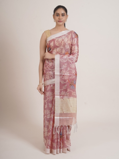 

Pothys Pink & Beige Floral Zari Tissue Saree