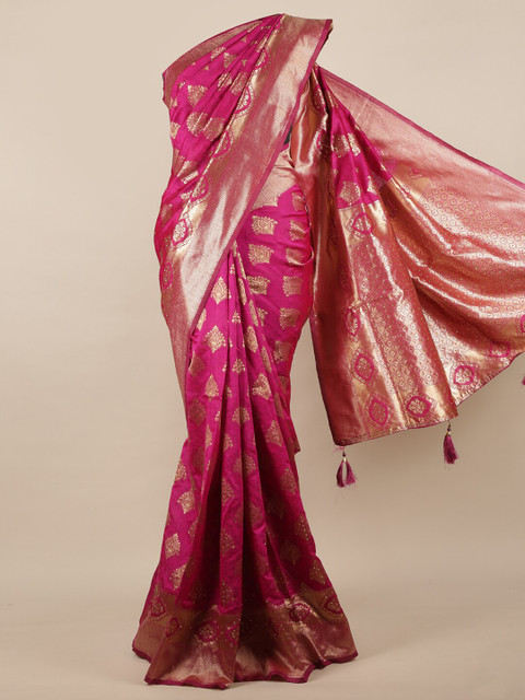

Pothys Magenta & Gold-Toned Woven Design Zari Jute Silk Saree