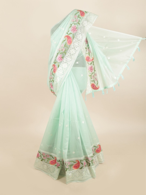 

Pothys Green & Pink Floral Embroidered Supernet Saree